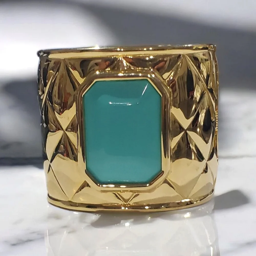 LES BERNARD VO Massive Gold Quilted Cuff Turquoise Cabochon Cuff Bangle Bracelet - Picture 1 of 4